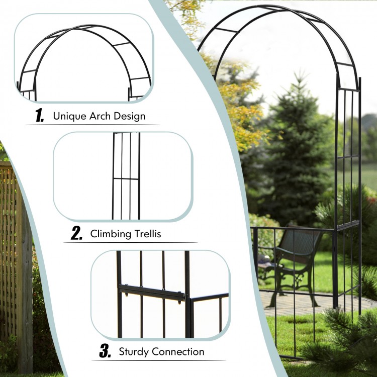 Black garden arch arbor trellis with gate, featuring a unique arch design and climbing trellises for plant support.