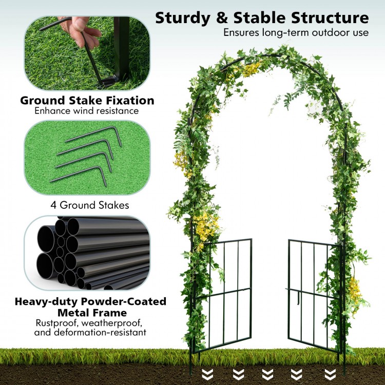 Garden arch arbor trellis with gate, sturdy black metal frame, includes 4 ground stakes for stability and outdoor use.