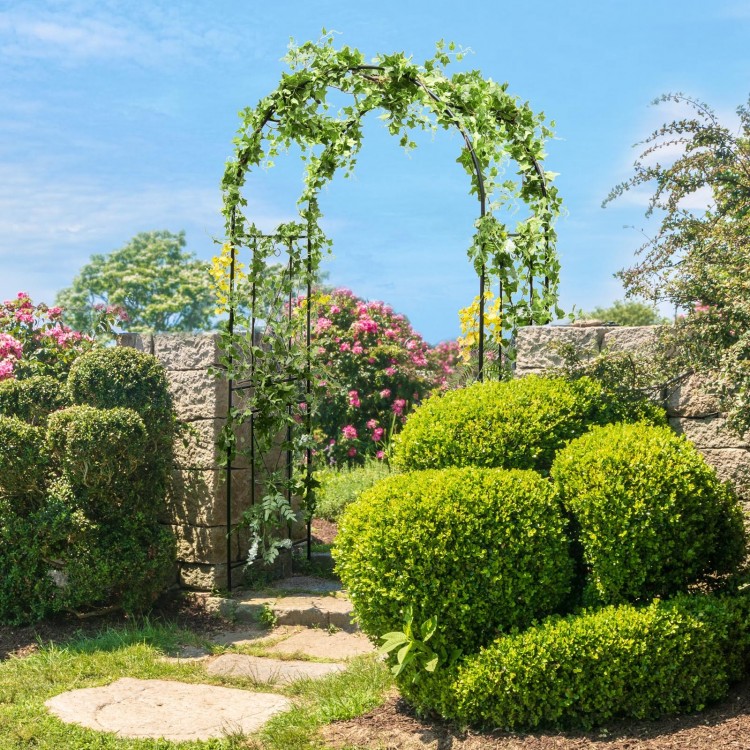 Black garden arch arbor trellis with climbing plants, featuring a sturdy metal frame and anti-rust coating for outdoor.