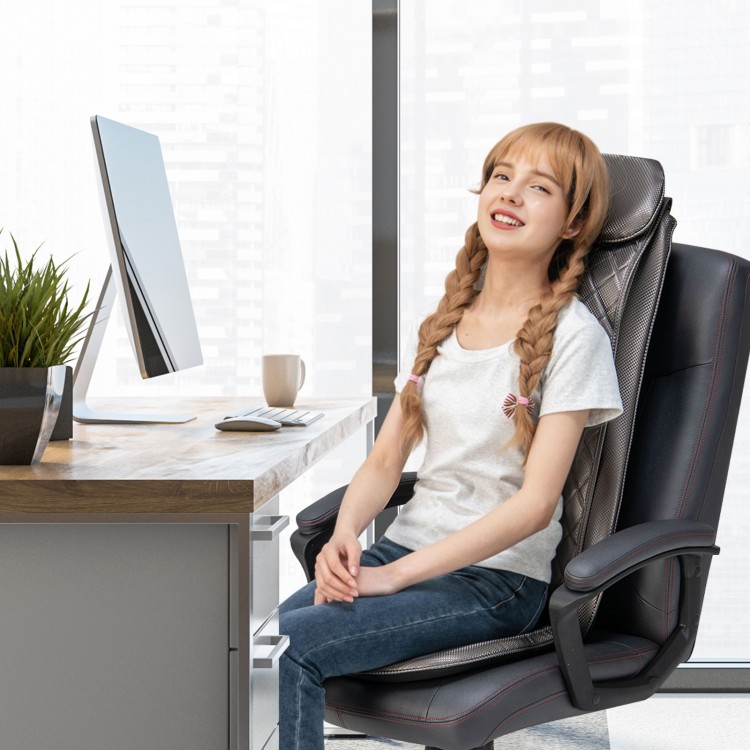 Massage chair pad in black with remote control, featuring heat and vibration for targeted back relief, ideal for office.