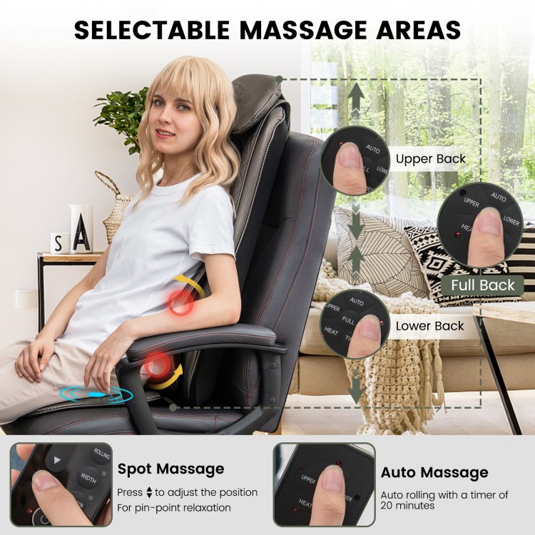 Massage chair pad in black with remote control, featuring targeted heat and vibration for full back relaxation.