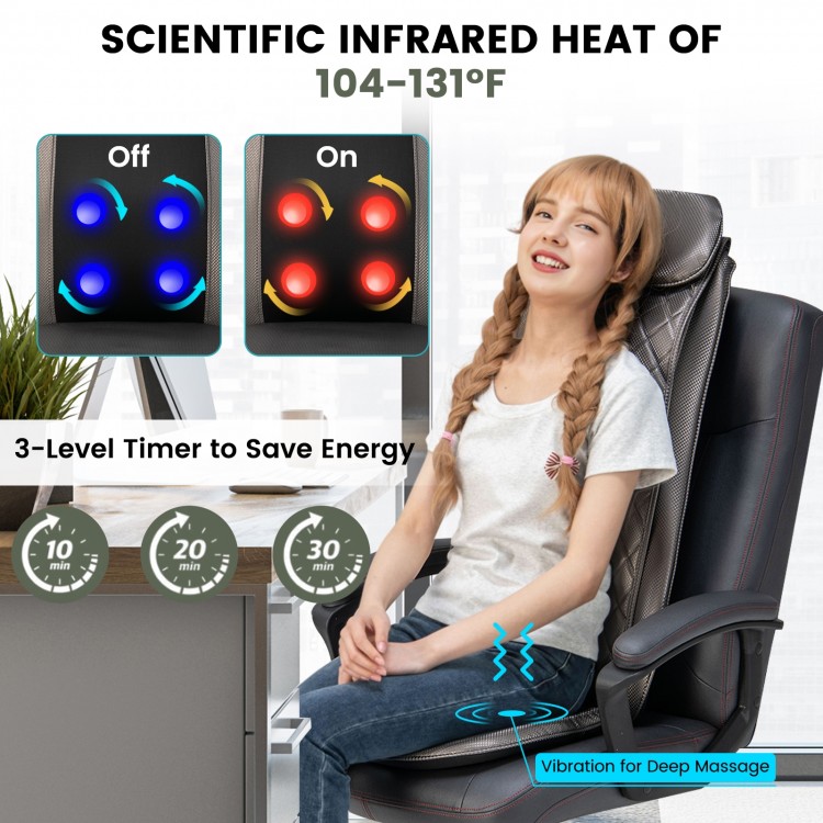 Massage chair pad in black with infrared heat, vibration, and remote control for targeted back relief and energy-saving.