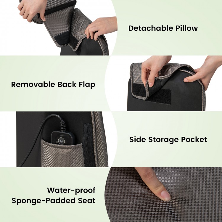 Detachable neck pillow and removable back flap of the black massage chair pad with heat and vibration features.