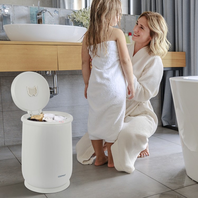 21L bathroom towel warmer in white, featuring a flip top lid, ideal for spa-like comfort and easy use at home.