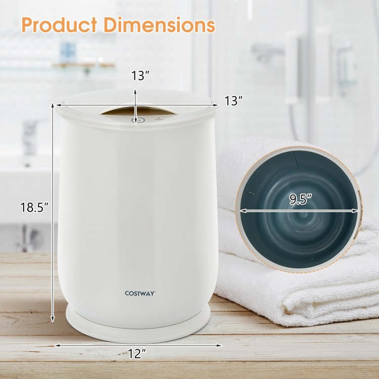 Bathroom towel warmer dimensions showing a 21L capacity, 226°F heating, and portable design for spa-like comfort.