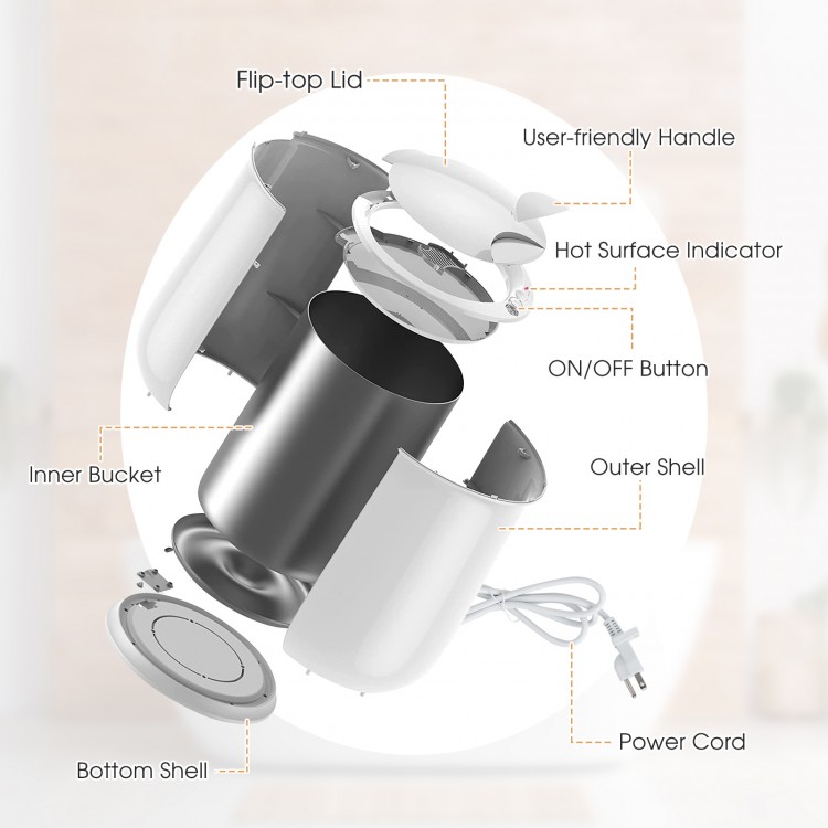 Exploded view of the 21L gray bathroom towel warmer showing components like the flip-top lid, inner bucket, and power.
