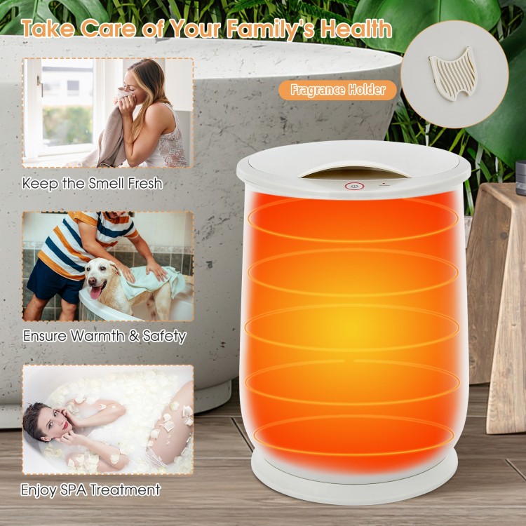 Gray 21L bathroom towel warmer with flip top lid, auto shut-off, and rapid heating for spa-like comfort at home.