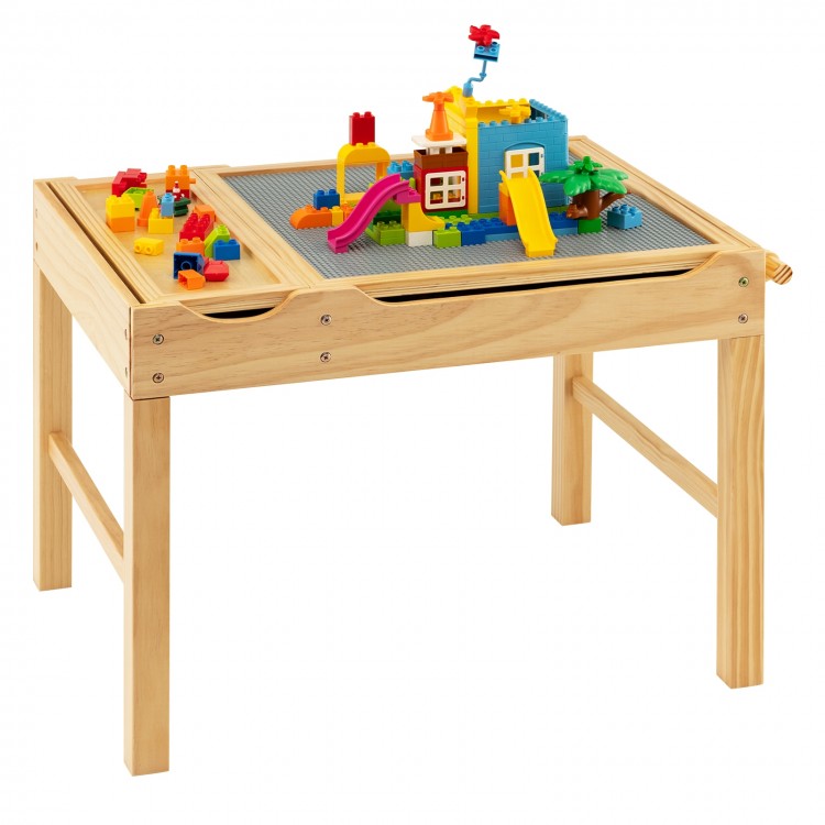 Kids multi-activity play table with wooden frame, reversible tabletops, and storage for building blocks and art.