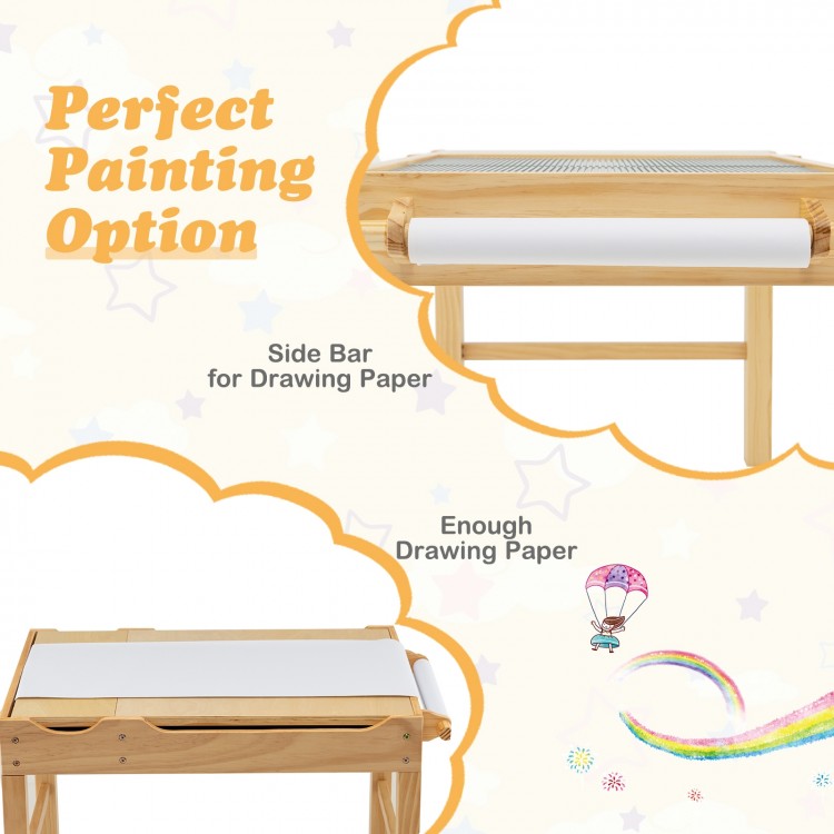 Kids multi-activity play table with natural wood finish, featuring a paper roll and storage for creative activities.