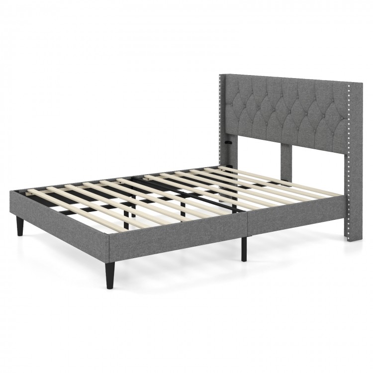 Full/Queen size upholstered platform bed with button tufted headboard and sturdy wooden slats for bedroom comfort.