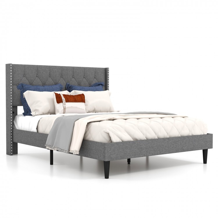 Full/Queen size upholstered platform bed with button tufted headboard, featuring a stylish gray linen fabric design.