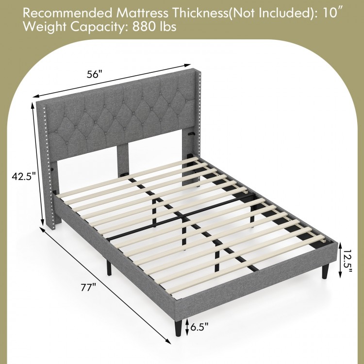 Full/Queen size upholstered platform bed with button tufted headboard, solid wooden slats, and adjustable foot pads for.
