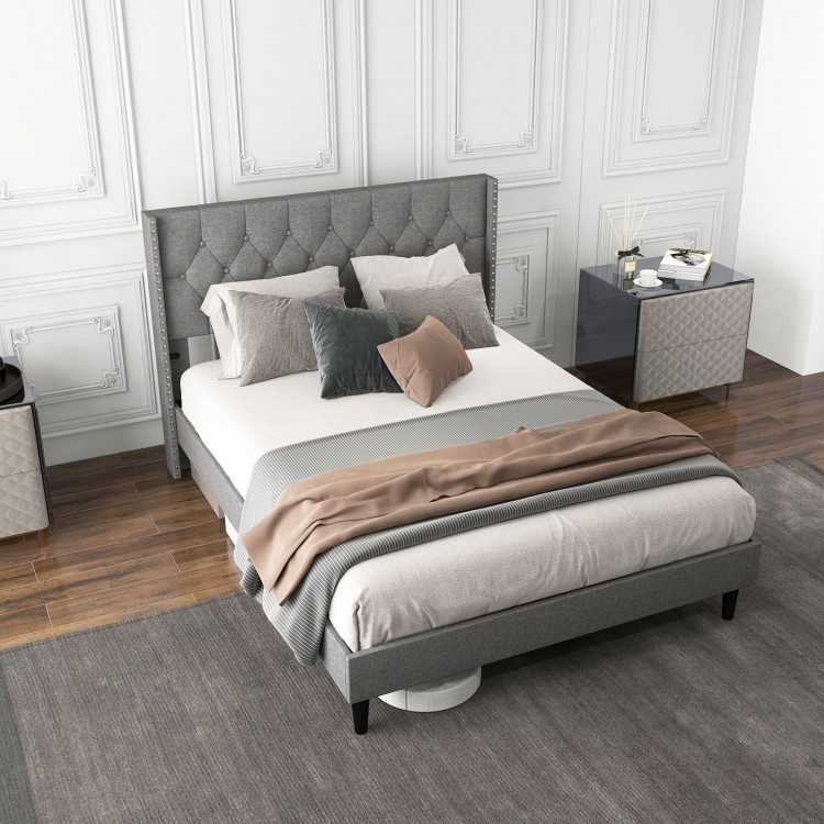 Full/Queen size upholstered platform bed with button tufted headboard, premium linen fabric, ideal for bedrooms or.