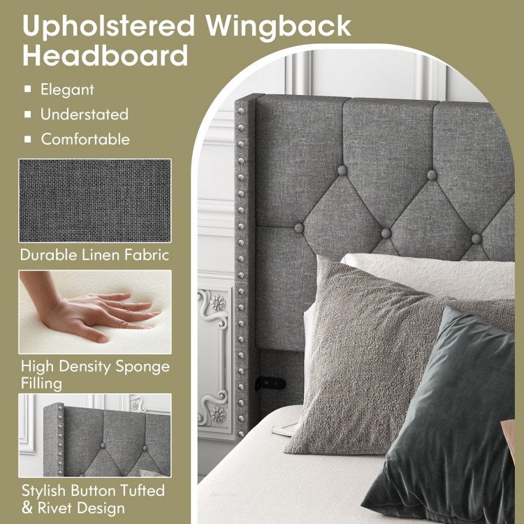 Upholstered button tufted headboard in durable linen fabric, providing comfort and style for a full/queen size bed.