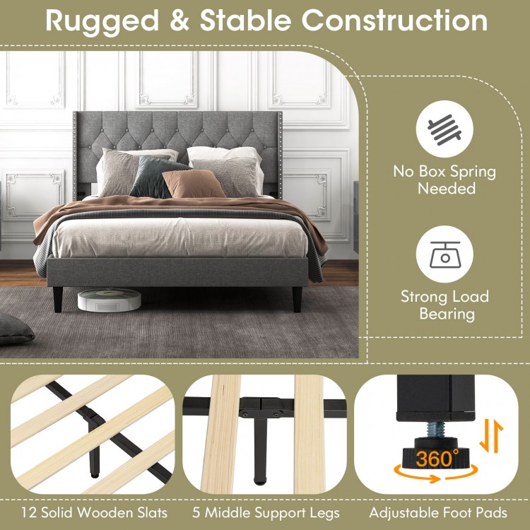 Adjustable foot pads on the full/queen upholstered platform bed ensure stability on uneven surfaces for enhanced.