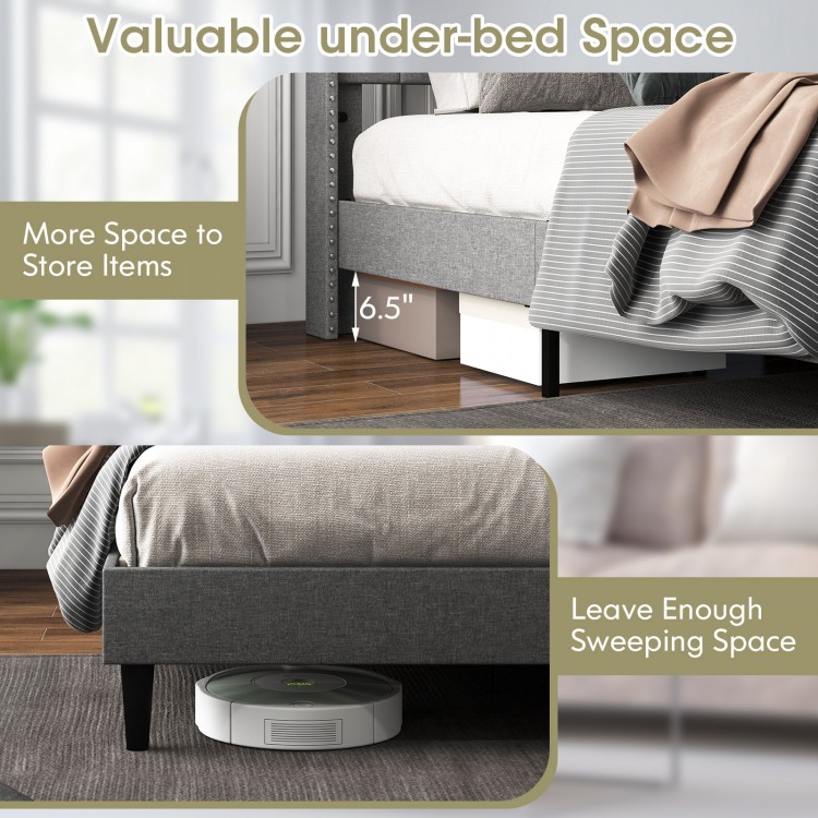 Upholstered platform bed with button tufted headboard, offering under-bed storage space for bedroom organization.