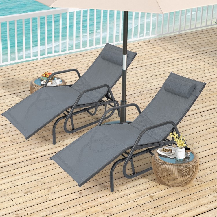 Gray outdoor chaise lounge glider chair set with adjustable backrests and armrests, perfect for family relaxation.