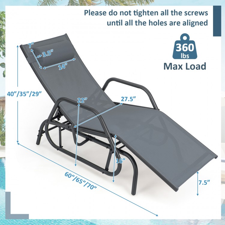 Gray outdoor chaise lounge glider chair dimensions shown, featuring a sturdy metal frame and 360 lbs maximum load.