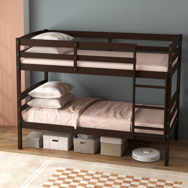 Solid wood twin over twin bunk bed frame in espresso with high guardrails and integrated ladder for children's safety.