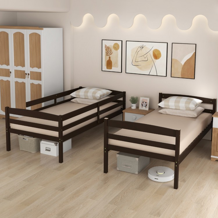 Twin over twin solid wood bunk bed frame in espresso with high guardrails and integrated ladder for children's safety.