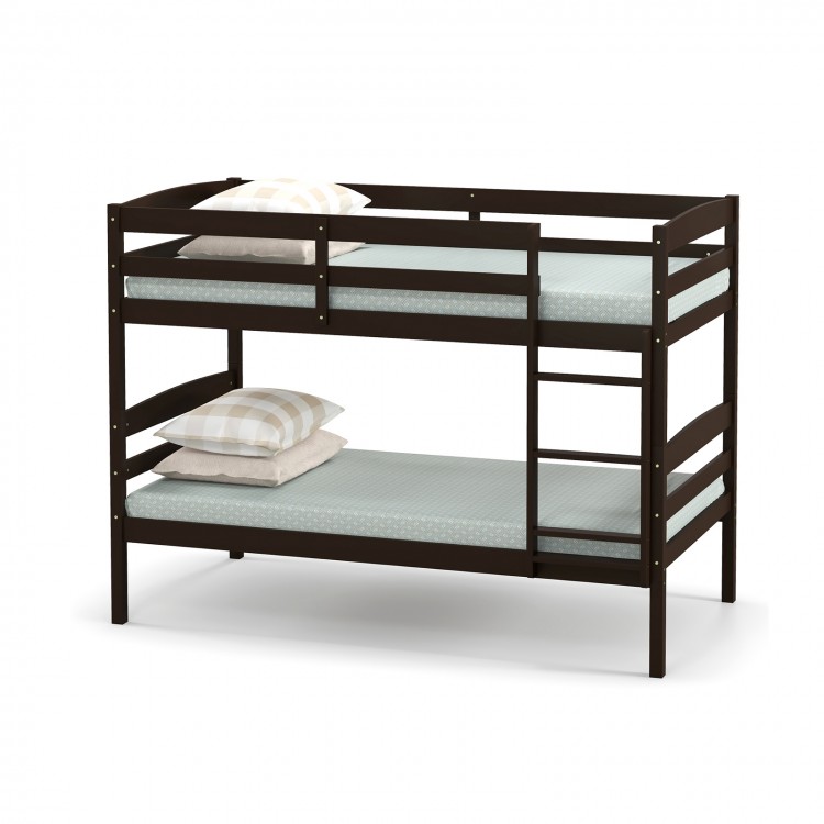 Solid wood twin over twin bunk bed frame in espresso with high guardrails and integrated ladder for kids' safety.