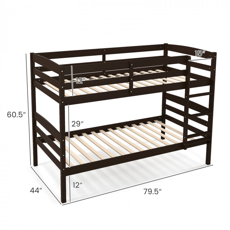 Espresso twin over twin bunk bed frame displaying dimensions and features like integrated ladder and high guardrails.