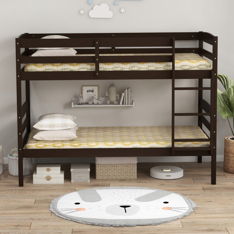 Espresso twin over twin bunk bed frame featuring a sleek design and integrated ladder, perfect for maximizing space in.
