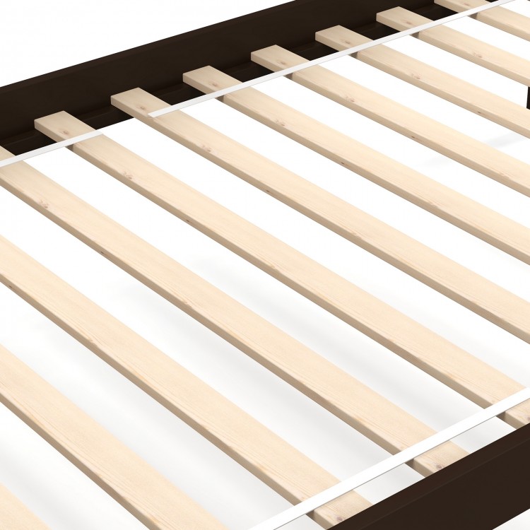Close-up of solid wood slats in the espresso twin over twin bunk bed frame, enhancing stability and support.