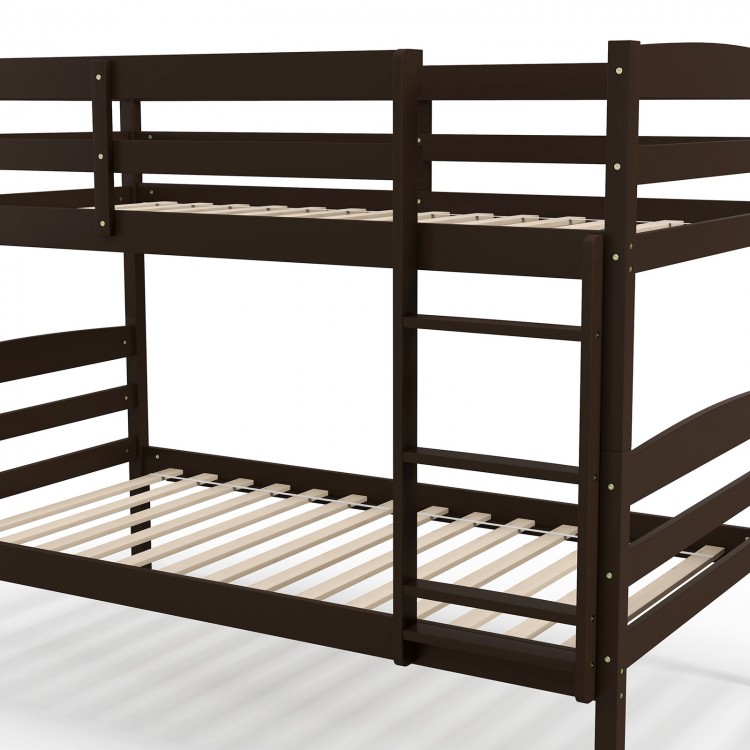 Side view of solid wood twin over twin bunk bed frame in espresso, highlighting sturdy construction and integrated.