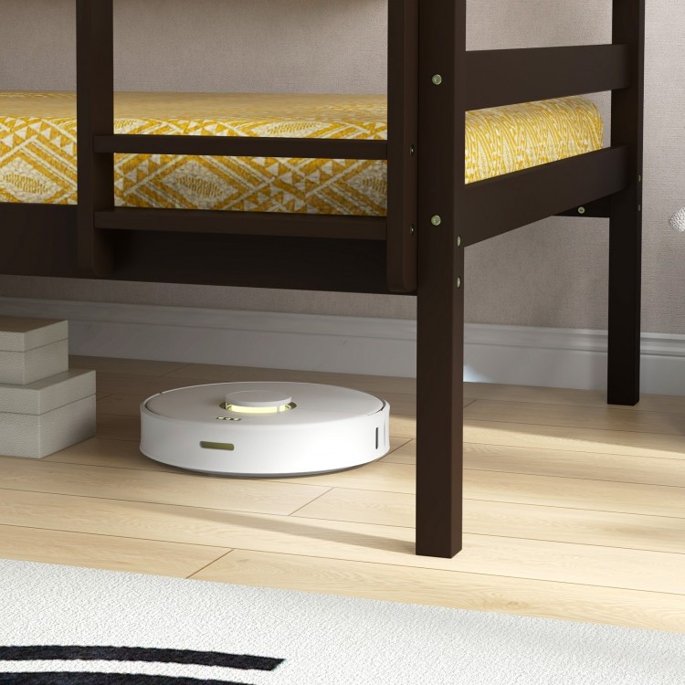 Solid wood twin over twin bunk bed frame in espresso with high guardrails and integrated ladder, ideal for kids' rooms.