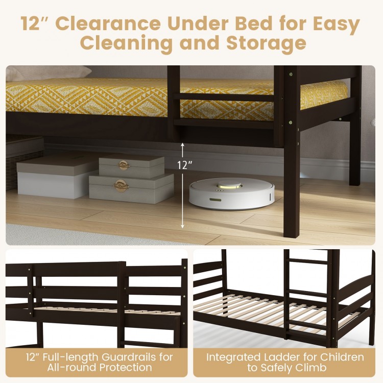Solid wood twin over twin bunk bed frame in espresso with 12" clearance for easy cleaning and integrated ladder.
