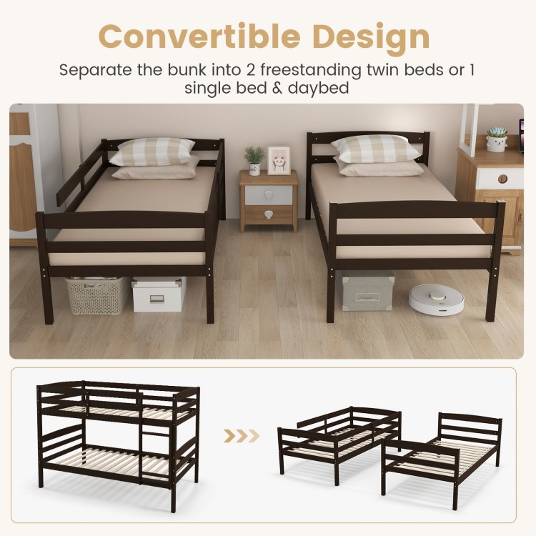 Solid wood twin over twin bunk bed frame in espresso, convertible to two separate beds with high guardrails and.