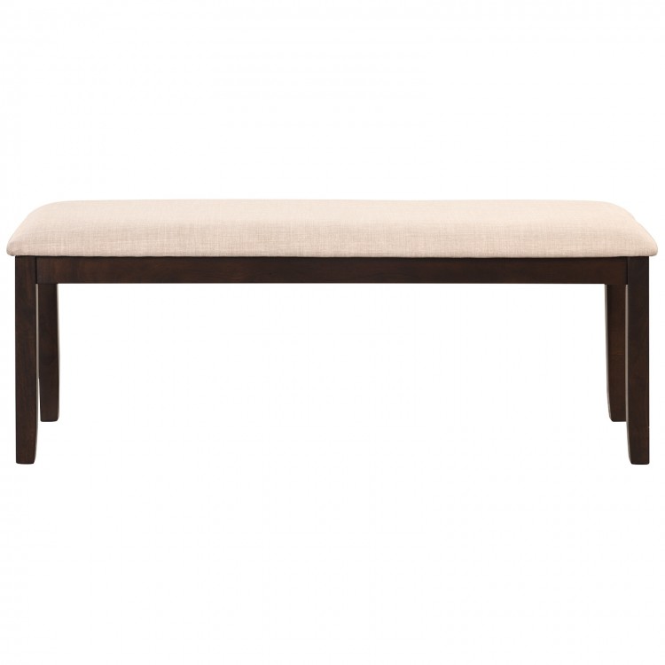 Upholstered ottoman bench with padded beige cushion, sturdy frame, ideal for entryways or living rooms.
