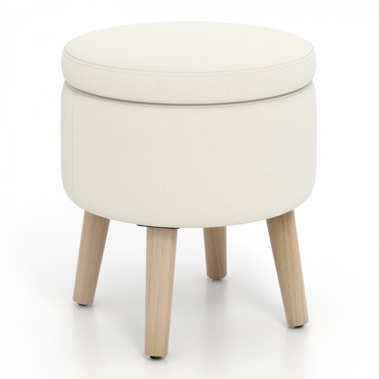 Round beige storage ottoman with rubber wood legs, flip-over lid, and ample internal storage for versatile use.