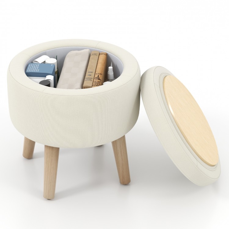 Round storage ottoman in beige with rubber wood legs, featuring ample internal storage and a flip-over lid for.