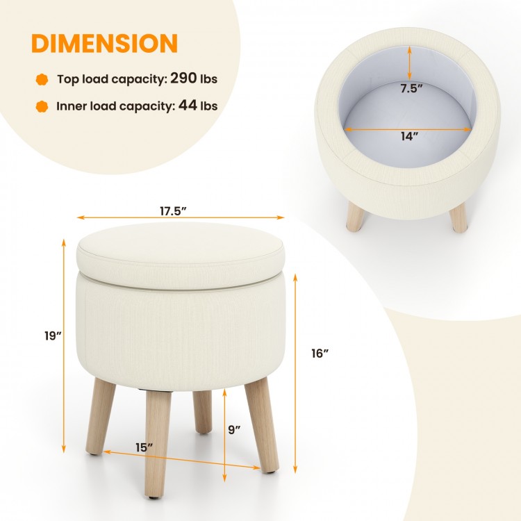Round storage ottoman in beige showcasing dimensions, featuring rubber wood legs and a padded lid for versatile use.