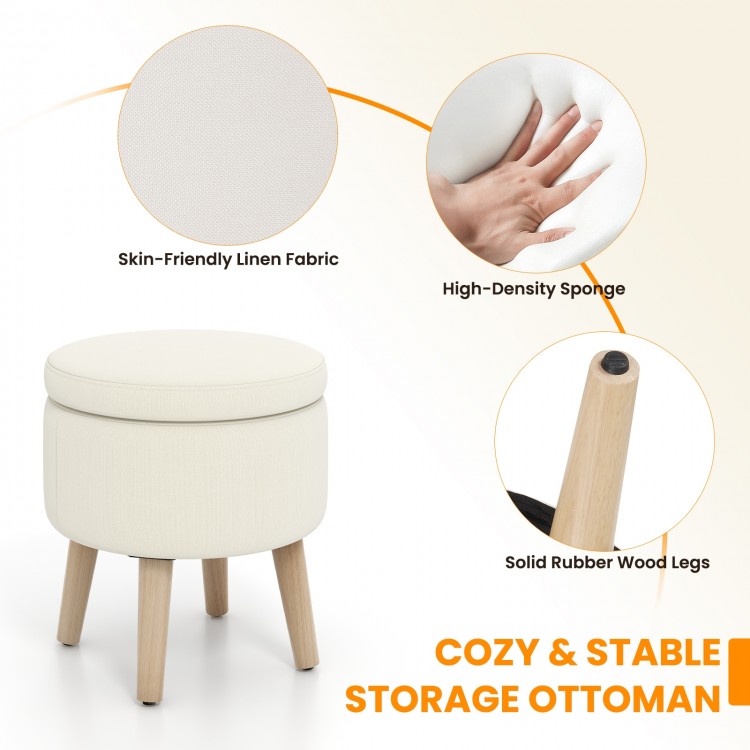 Round storage ottoman in beige with rubber wood legs, featuring a flip-over lid for versatile use in any room.