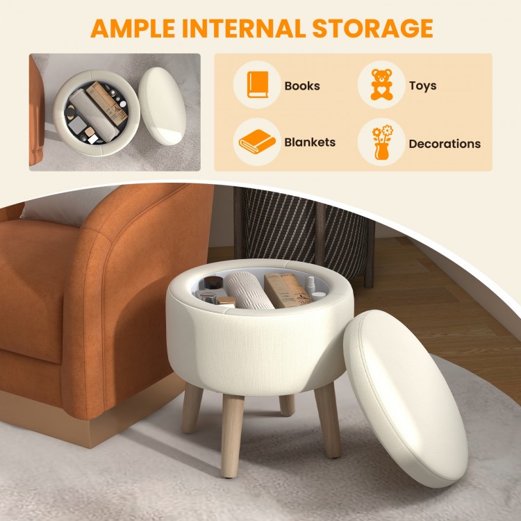 Round beige storage ottoman with rubber wood legs, featuring ample internal storage for books and toys, perfect for.