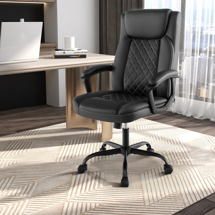 High back ergonomic executive chair in black with thick headrest cushion, adjustable height, and padded armrests for.