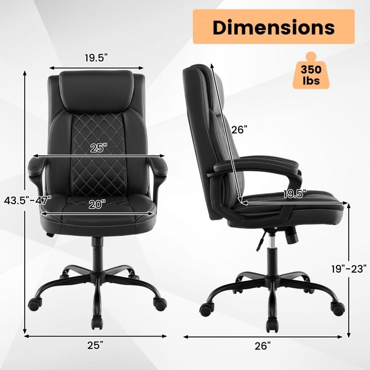 High back ergonomic executive chair in black with adjustable height and dimensions for comfort and support.
