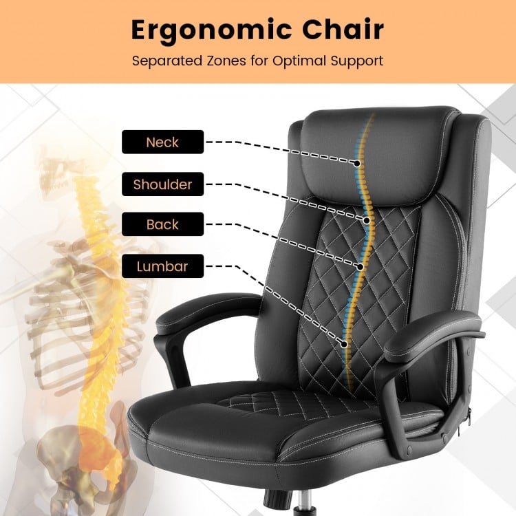 High back ergonomic executive chair with thick headrest cushion, adjustable height, and padded armrests for comfort.