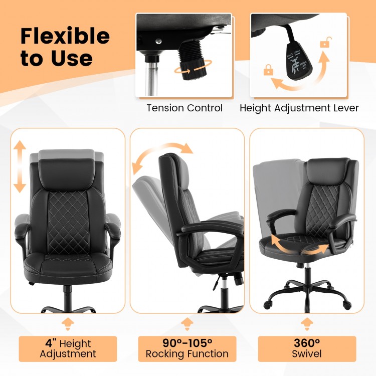 High back ergonomic executive chair with thick headrest cushion, 360° swivel, and 19"-23" height adjustment for comfort.