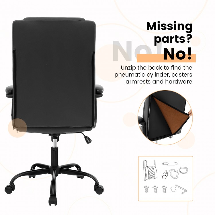High back ergonomic executive chair in black with thick headrest cushion and unzipped back for easy access to parts.