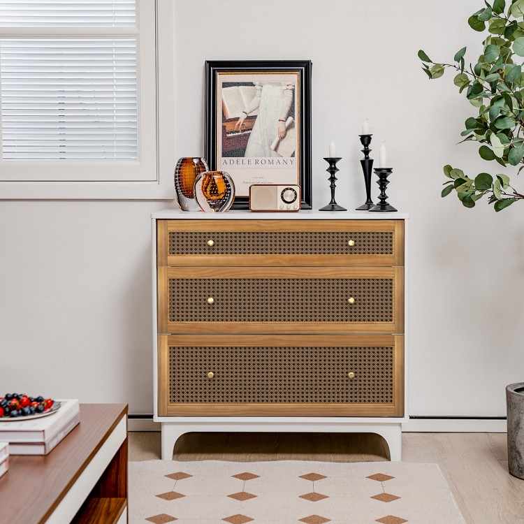 3-drawer rattan dresser chest in brown with sturdy legs, anti-toppling device, perfect for living room or bedroom.