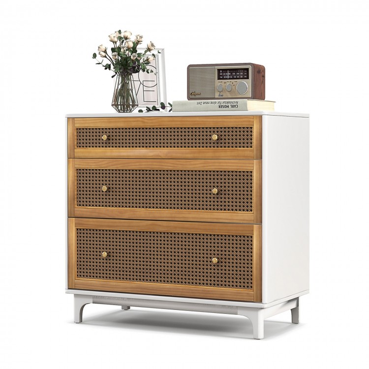 3-drawer rattan dresser chest in brown with sturdy legs, anti-toppling device, ideal for bedroom or living room storage.