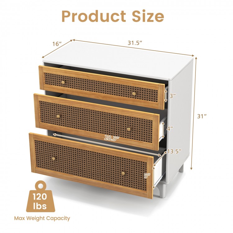 3-drawer rattan dresser chest in brown with dimensions, featuring sturdy design and anti-toppling device for stability.