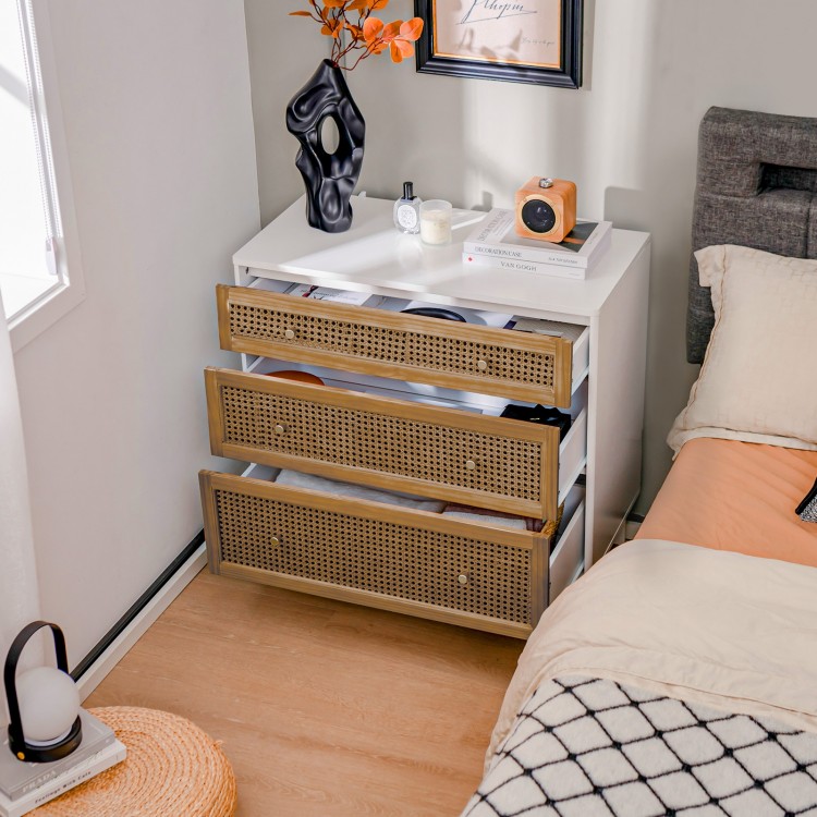 3-drawer rattan dresser chest in brown with anti-toppling device, perfect for bedroom or living room storage.