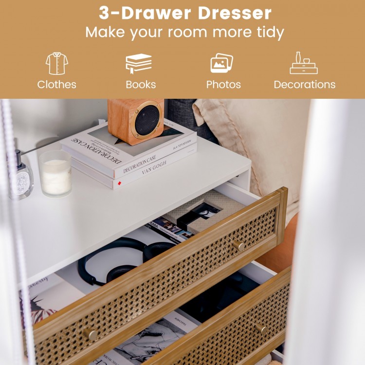 3-drawer rattan dresser chest in brown with open drawers, perfect for organizing clothes and decorations in any room.