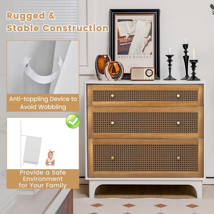3-drawer rattan dresser chest in brown with anti-toppling device, ideal for living room or bedroom storage.