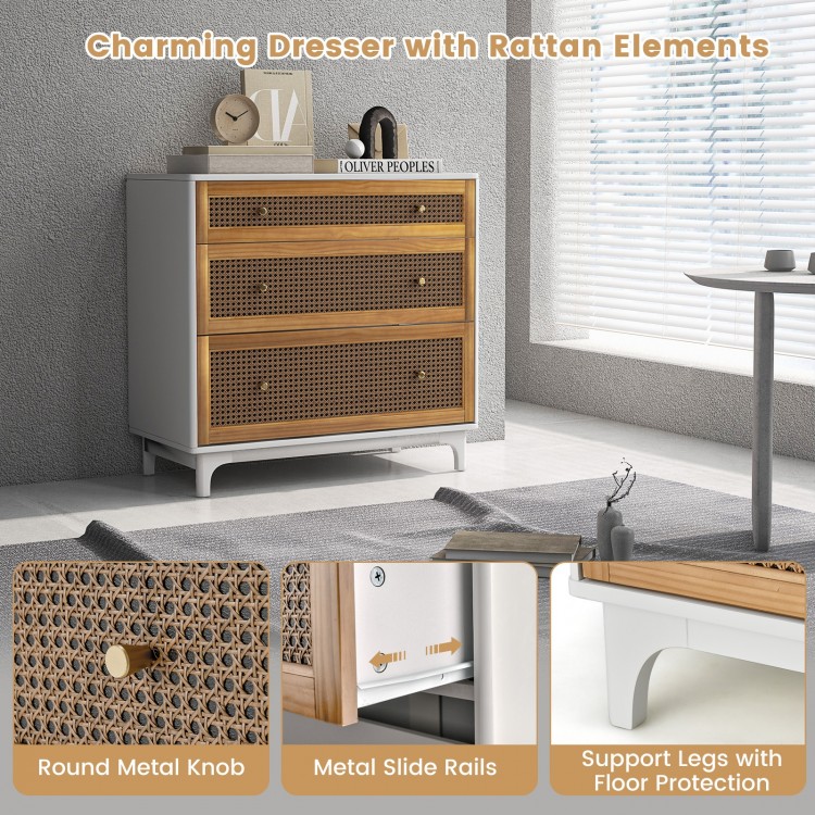 3-drawer rattan dresser chest in brown with metal knobs and slide rails, ideal for bedroom or living room storage.